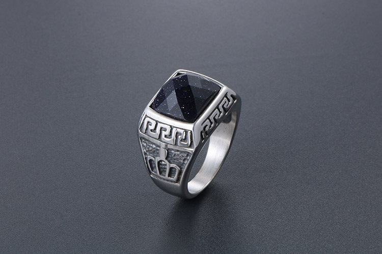 Korean Style Titanium Steel Couple Ring With Blue Sandstone