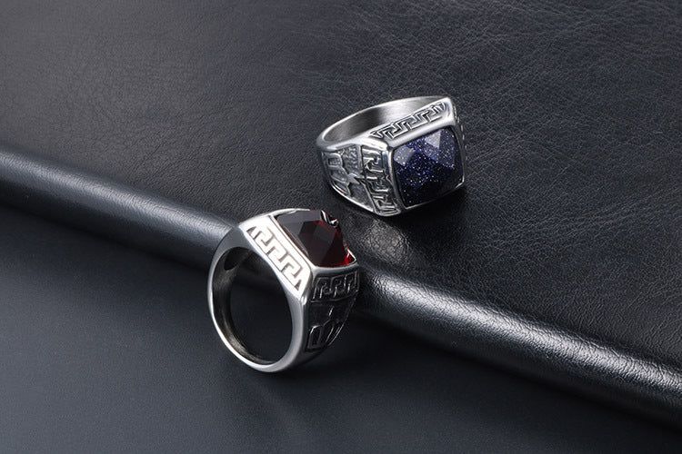 Korean Style Titanium Steel Couple Ring With Blue Sandstone