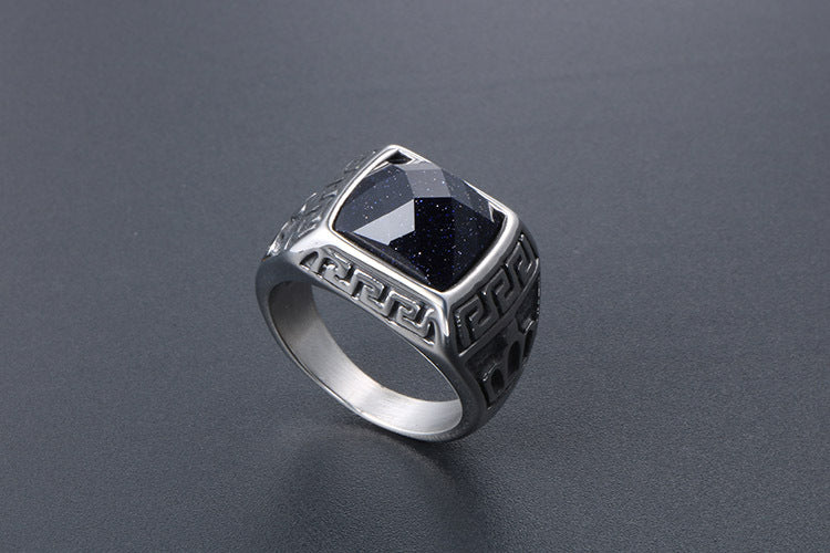 Korean Style Titanium Steel Couple Ring With Blue Sandstone