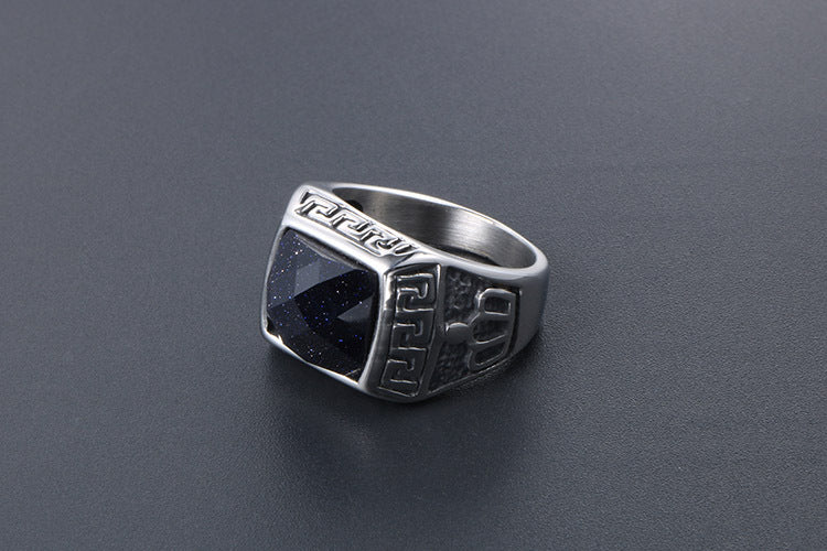 Korean Style Titanium Steel Couple Ring With Blue Sandstone