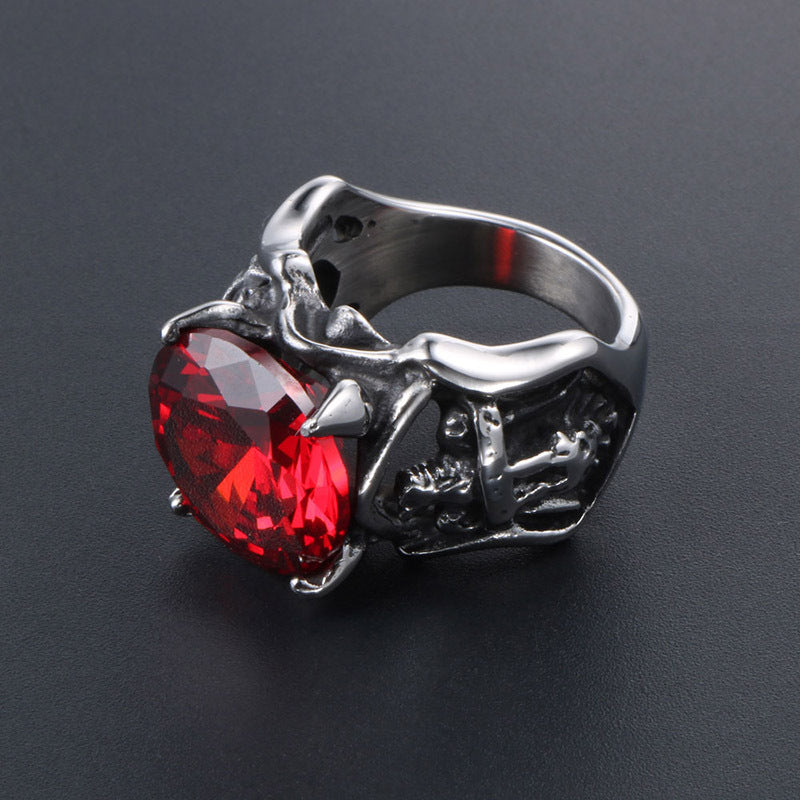 Retro Bold Red Zircon Titanium Steel Couple Ring for Men - European and American Style