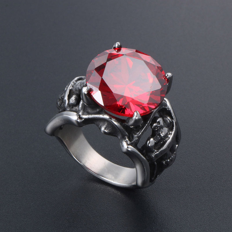 Retro Bold Red Zircon Titanium Steel Couple Ring for Men - European and American Style