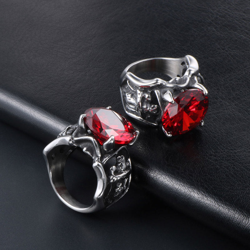 Retro Bold Red Zircon Titanium Steel Couple Ring for Men - European and American Style
