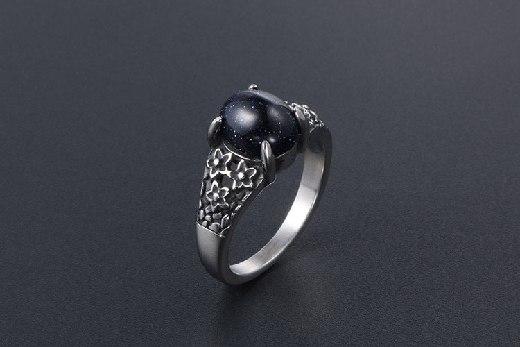 Retro Flower Stainless Steel Gemstone Ring For Couples