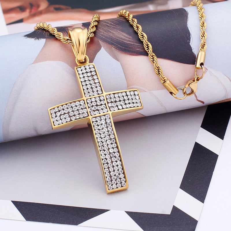 Golden Cross Pendant with Zircon Detail - Men's Stainless Steel Hip Hop Jewelry