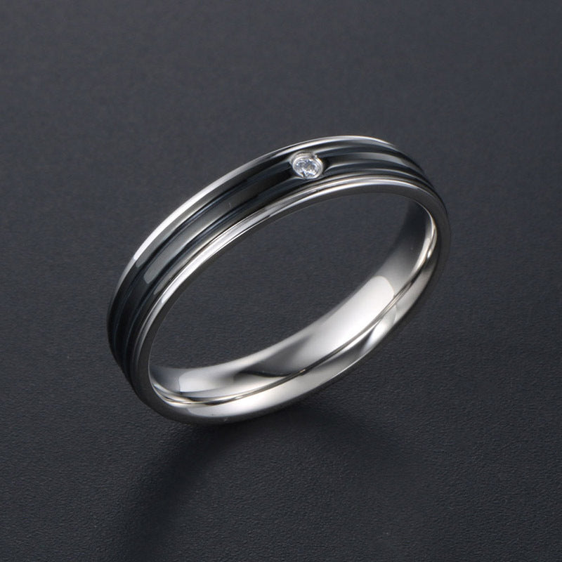 Trendy Titanium Steel Couple Ring with Fashion Stripes and Diamond Accents for Men and Women