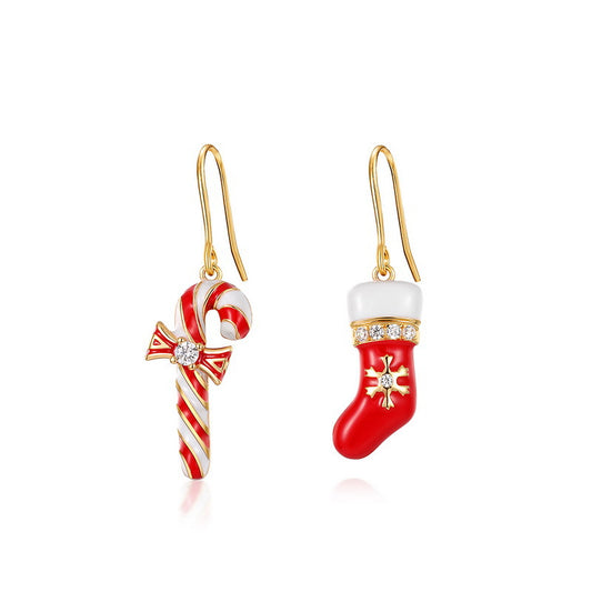 Christmas Crutch and Stocking Asymmetric Zircon Sterling Silver Hook Earrings