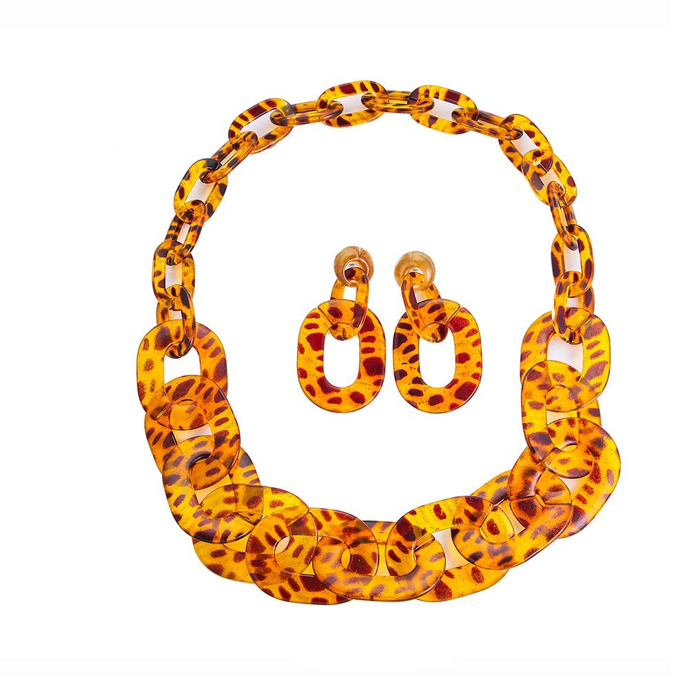 Leopard Resin Necklace Set with Acetic Acid Earrings and Cross-border Jewelry Supply Suit