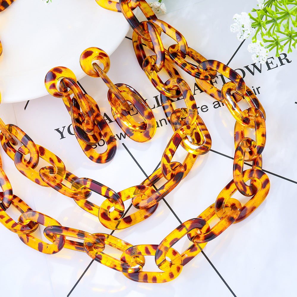 Leopard Print Jewelry Set with Resin Necklaces and Cross-border Earrings