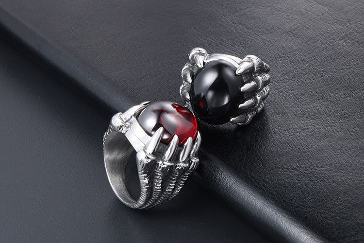 Men's Vintage Dragon Claw Ring in Titanium Steel with Bold Red Stone