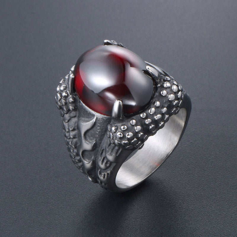 Titanium Steel Dragon Claw Men's Ring with Black Red Stone - Korean Trendy Accessory for Domineering Style