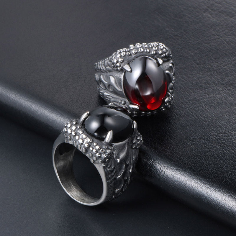 Titanium Steel Dragon Claw Men's Ring with Black Red Stone - Korean Trendy Accessory for Domineering Style