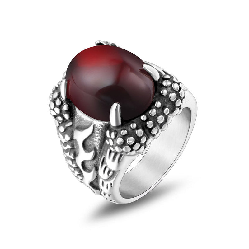 Titanium Steel Dragon Claw Men's Ring with Black Red Stone - Korean Trendy Accessory for Domineering Style