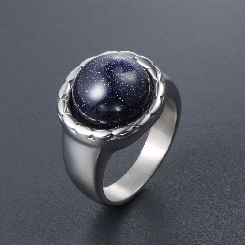 Stylish Blue Sandstone and Red Pomegranate Titanium Steel Rings for Couples