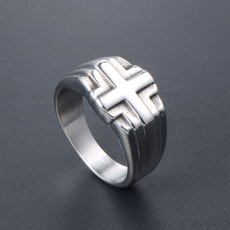 Customizable Retro Titanium Steel Ring for Men - Hipster Cross Design