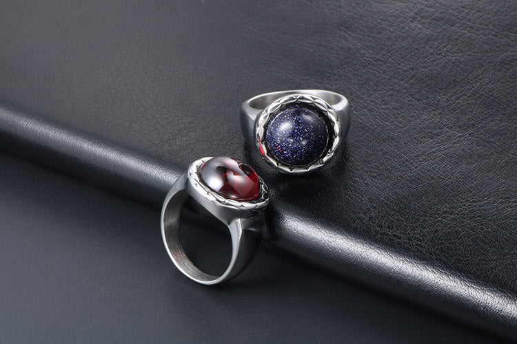 Stylish Blue Sandstone and Red Pomegranate Titanium Steel Rings for Couples