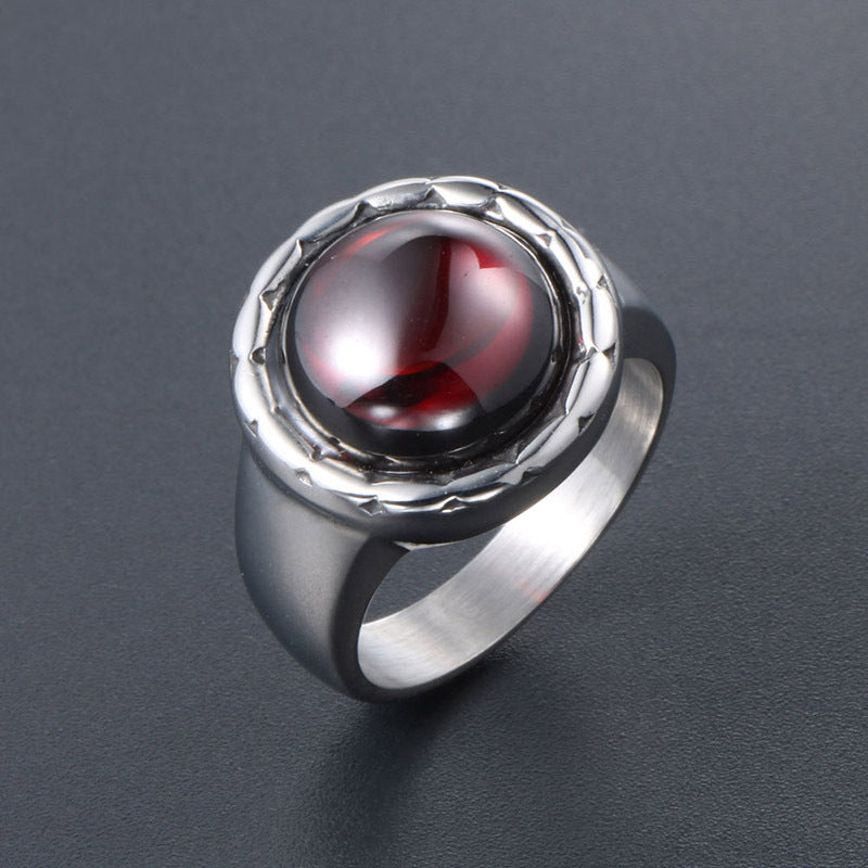 Stylish Blue Sandstone and Red Pomegranate Titanium Steel Rings for Couples