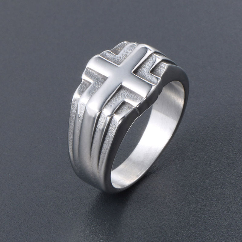 Customizable Retro Titanium Steel Ring for Men - Hipster Cross Design
