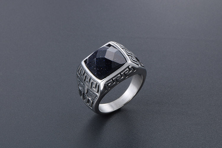 Korean Style Titanium Steel Couple Ring With Blue Sandstone