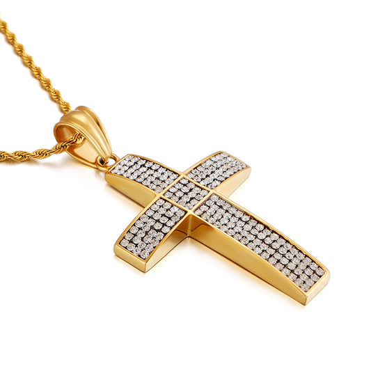 Golden Cross Pendant with Zircon Detail - Men's Stainless Steel Hip Hop Jewelry