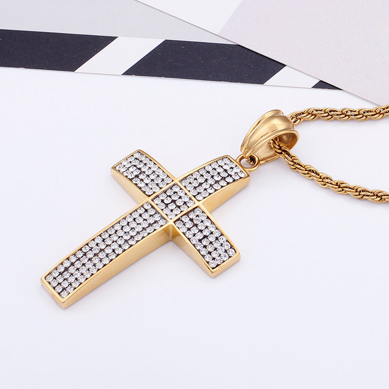 Golden Cross Pendant with Zircon Detail - Men's Stainless Steel Hip Hop Jewelry