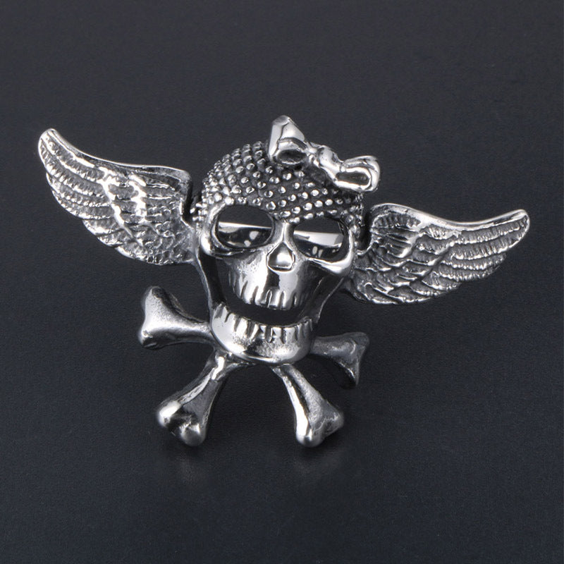 Titanium Steel Vintage Punk Angel Wings Skull Cross Ring for Men