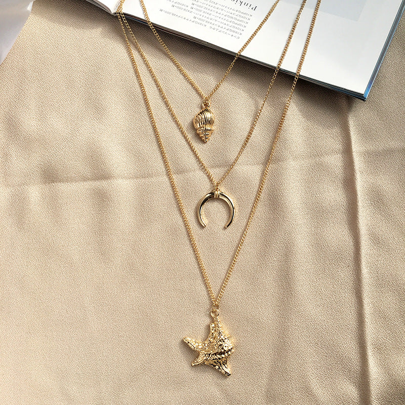Trendy 3-Layer Alloy Shell Necklace and Stylish Marine Organism Sweater Chain