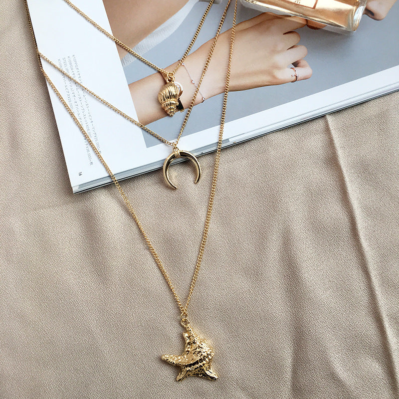 Trendy 3-Layer Alloy Shell Necklace and Stylish Marine Organism Sweater Chain