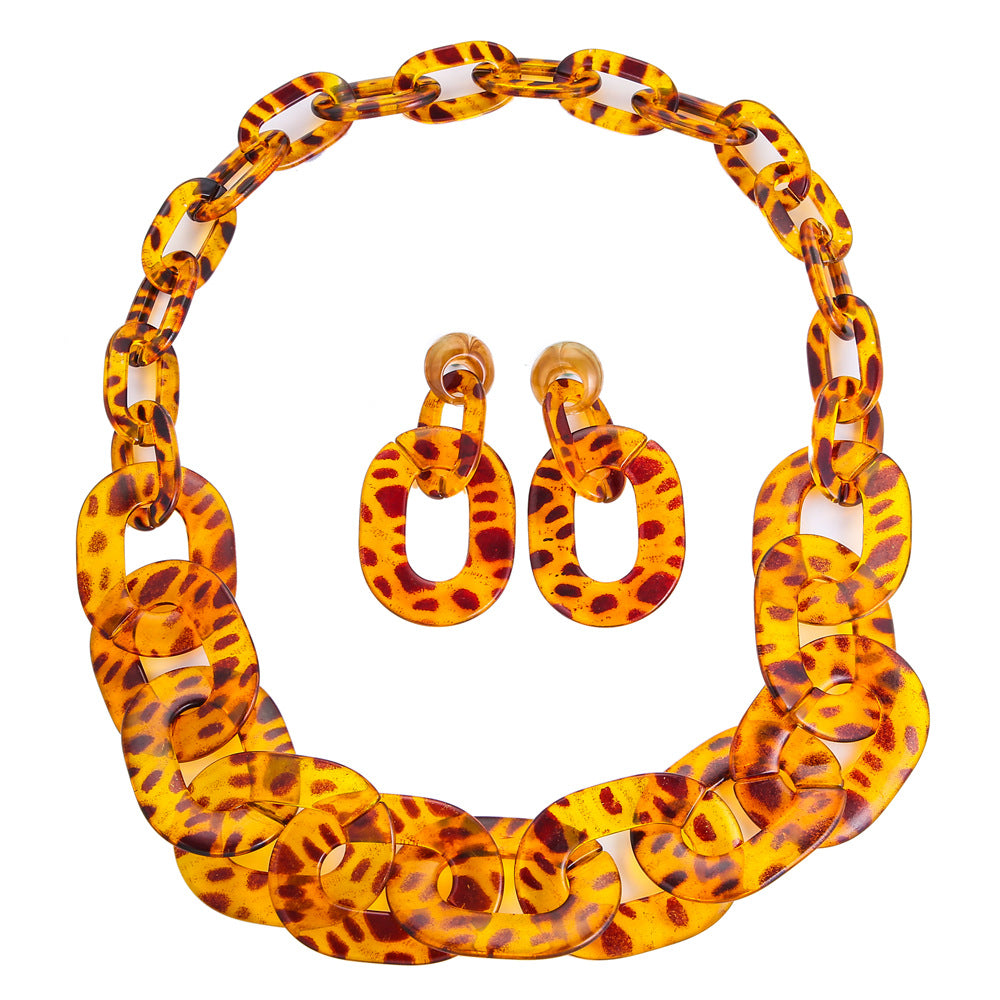 Leopard Resin Necklace Set with Acetic Acid Earrings and Cross-border Jewelry Supply Suit
