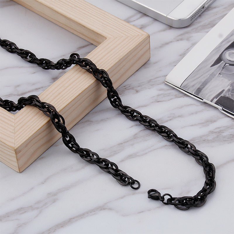 Black Stainless Steel Necklace _ Black Flower Blue Necklace Square Double Buckle Chain,