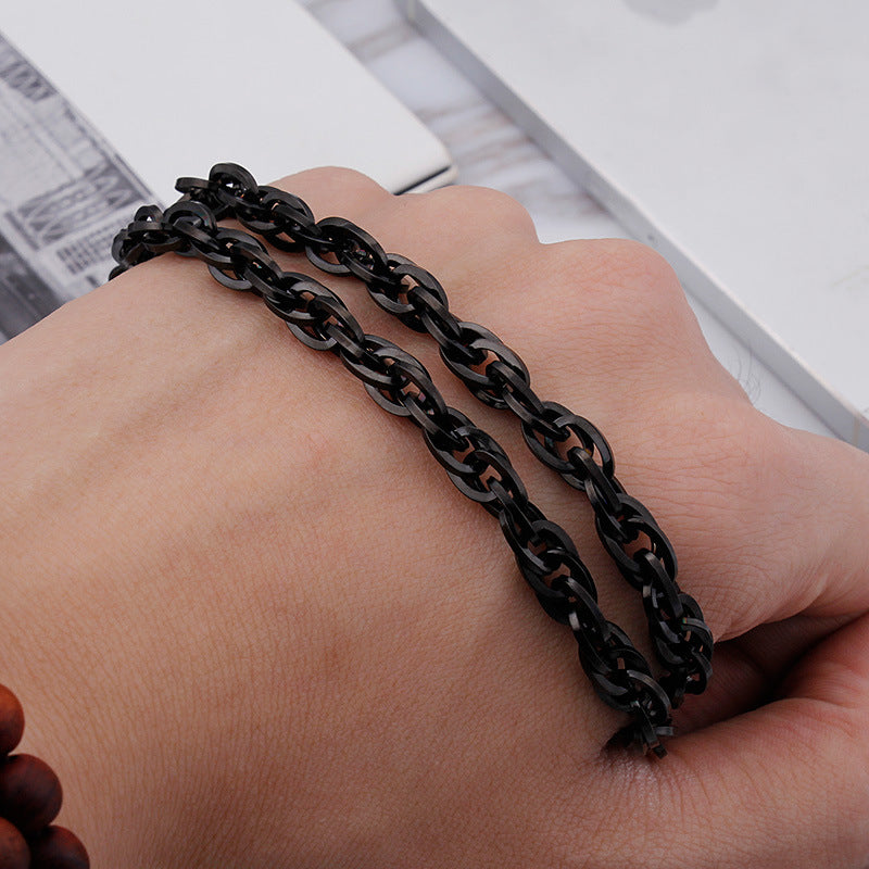 Black Stainless Steel Necklace _ Black Flower Blue Necklace Square Double Buckle Chain,