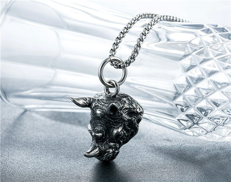 Planderful Rhino Pendant Necklace Titanium Steel Unisex Personalized Protection Statement