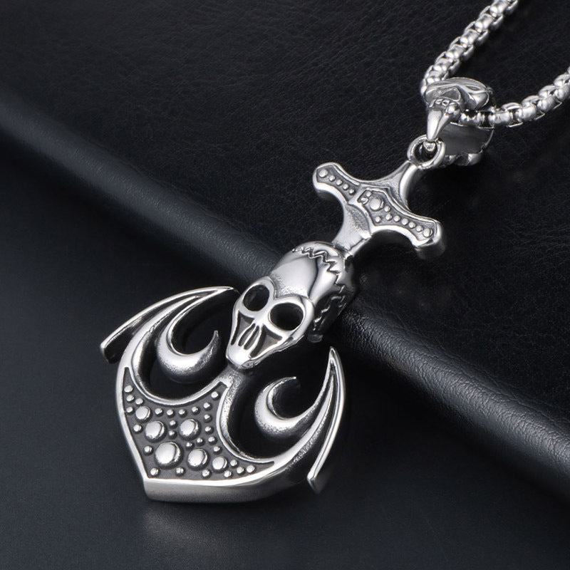Rebel Men's Punk Skull Pendant Necklace with Boat Anchor Design in Titanium Steel
