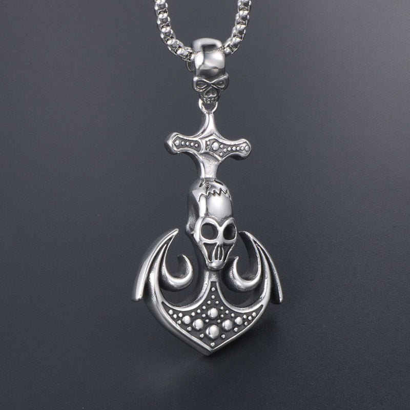 Rebel Men's Punk Skull Pendant Necklace with Boat Anchor Design in Titanium Steel