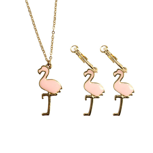 Golden Flamingo Jewelry Set with Earrings and Necklace