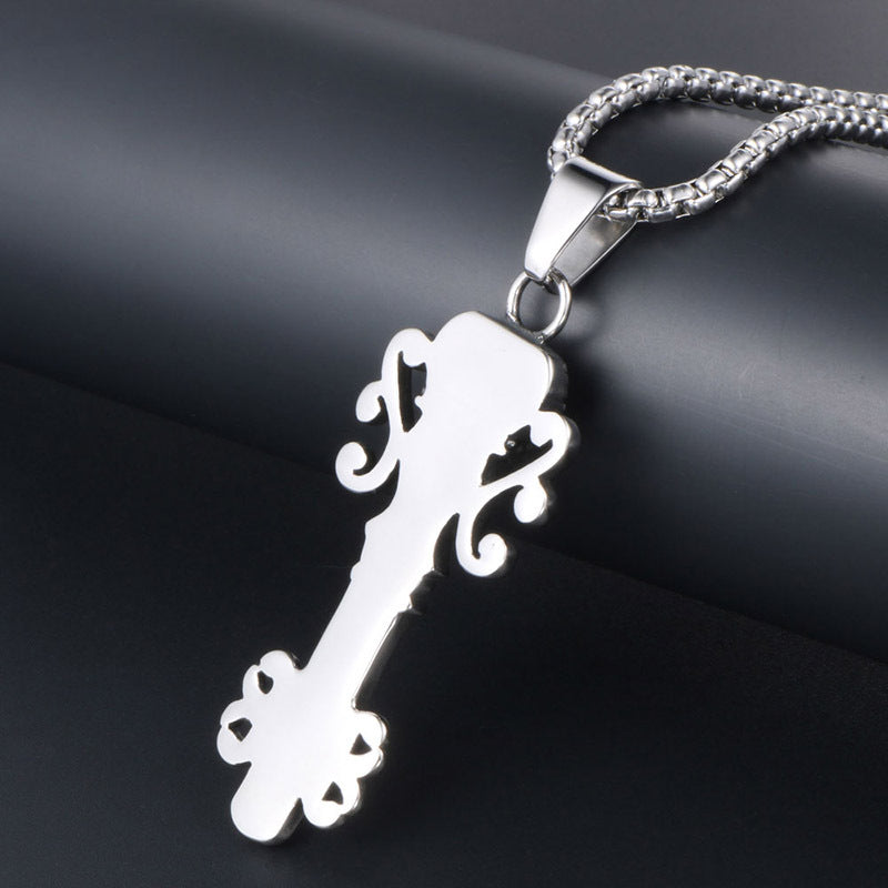 Titanium Steel Retro Castle Key Pendant Necklace for Men with Ghost Head Crown Design
