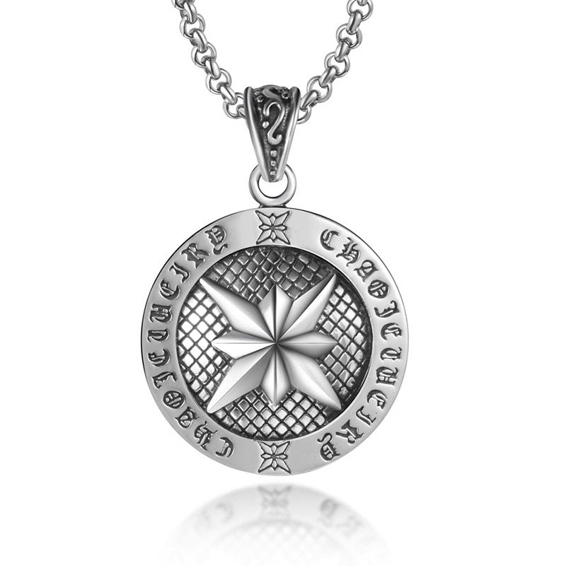 Vintage Hip-Hop Octagram Mantra Pendant Necklace for Men in Titanium Steel