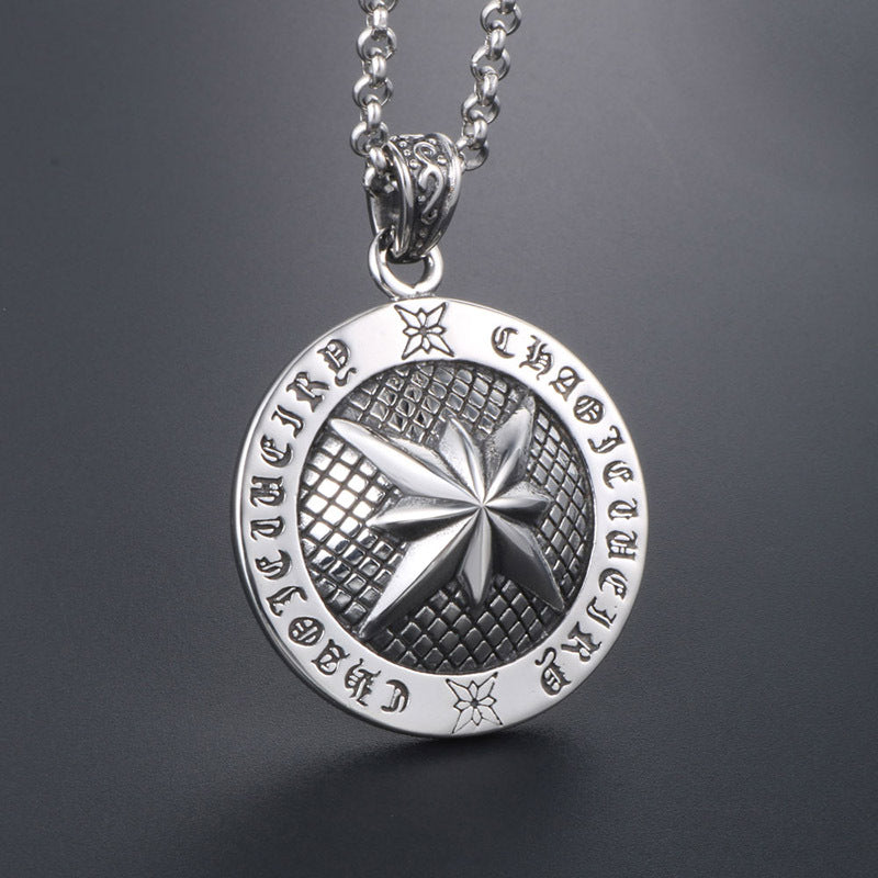 Vintage Hip-Hop Octagram Mantra Pendant Necklace for Men in Titanium Steel