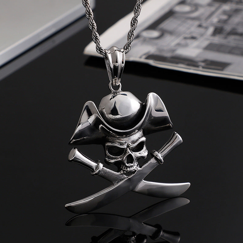 Captain Jack Skull Stainless Steel Pendant - Men's Pirate of the Caribbean Necklace