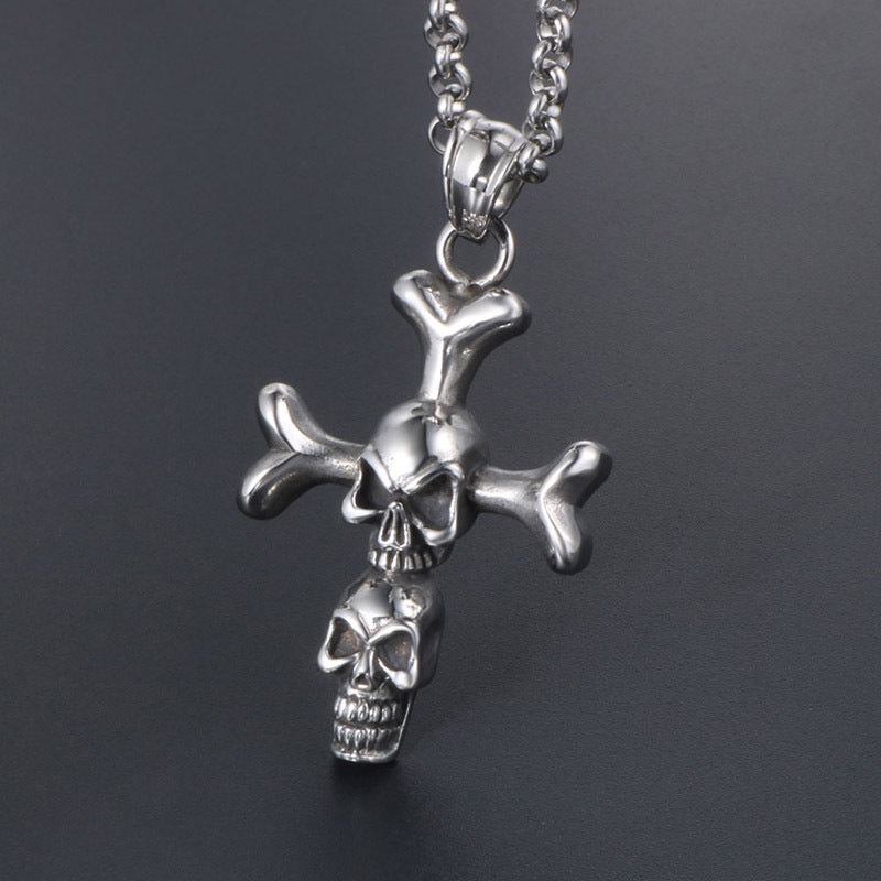 Customizable Punk Double Skull Cross Pendant Necklace in Titanium Steel for Men
