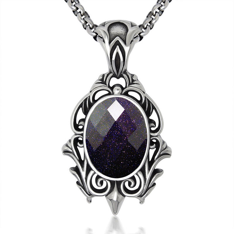 Retro Court Style Water Drop Necklace Pendant in Titanium Steel with Blue Yarn Stone - Unisex Jewelry Wholesale