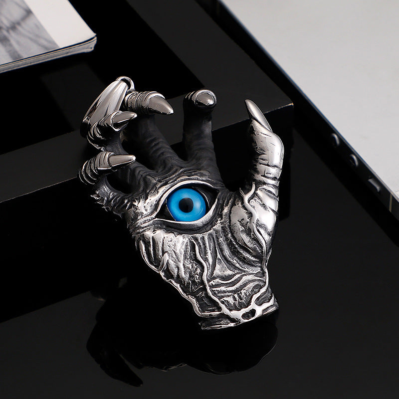 Titanium Steel Devil's Hand Dragon Claw Pendant with Blue Eye for Men