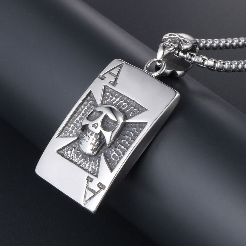 Trendy Men's Titanium Steel Skull Pendant Necklace - Personalized Playing Cards Design