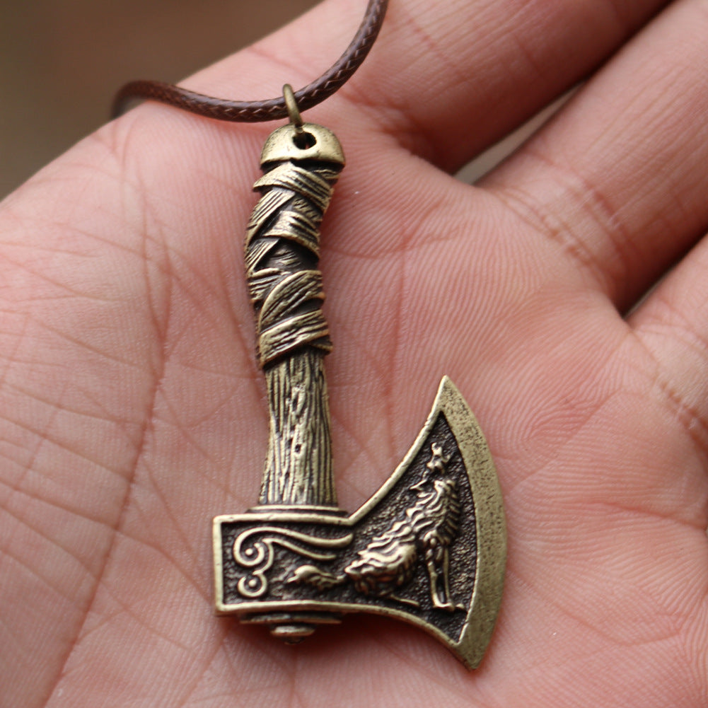 Viking Pirate Celtic Wolf Crow Double-Sided Axe Pendant Men's Necklace - Norse Legacy Collection