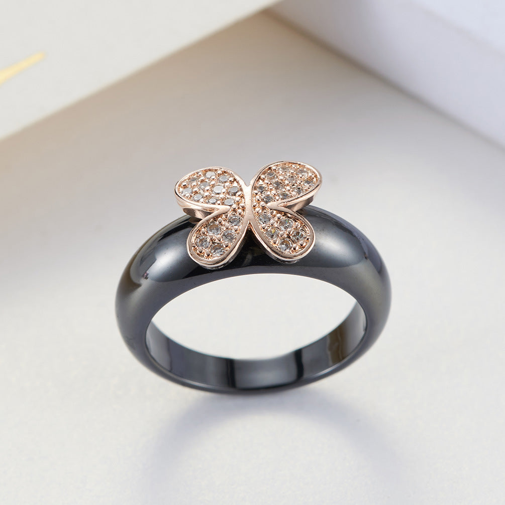Ceramic Zircon Ring – Elegant Rose Gold Decorative Women's – Five-Pointed Star