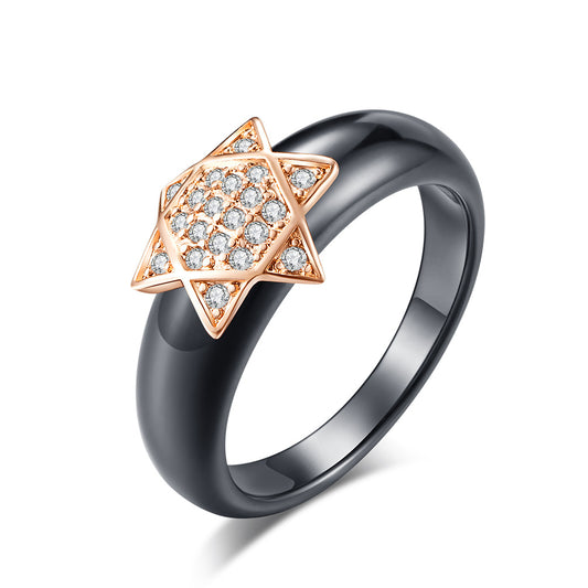 Ceramic Zircon Ring – Elegant Rose Gold Decorative Women's – Five-Pointed Star