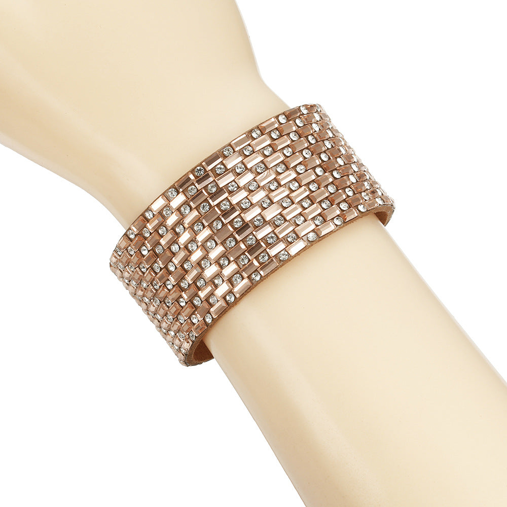 Wish Cross Border Rhinestone Leather Bracelet with Magnetic Buckle - Elegant European and American Style Bracelet for Women