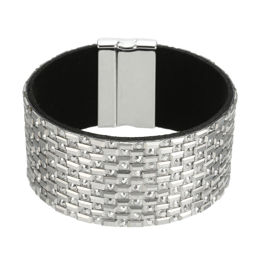 Wish Cross Border Rhinestone Leather Bracelet with Magnetic Buckle - Elegant European and American Style Bracelet for Women