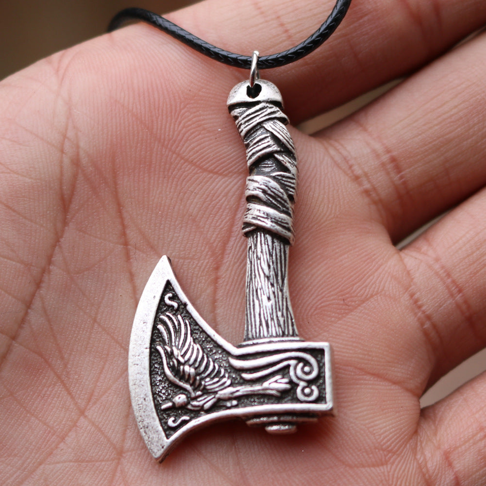 Viking Pirate Celtic Wolf Crow Double-Sided Axe Pendant Men's Necklace - Norse Legacy Collection