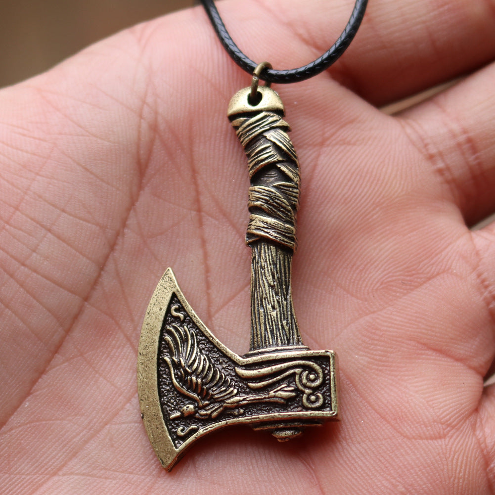 Viking Pirate Celtic Wolf Crow Double-Sided Axe Pendant Men's Necklace - Norse Legacy Collection